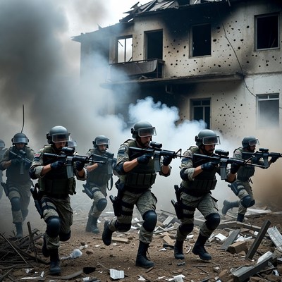 Soldiers advancing through war-torn ruins