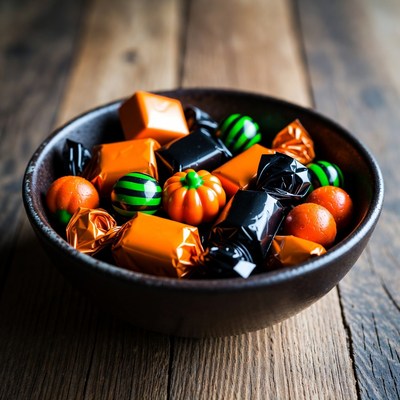 Halloween Candy in Wooden Bowl
