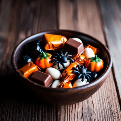Halloween Candy Bowl on Wooden Table