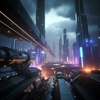 Futuristic Cyberpunk Cityscape with Train