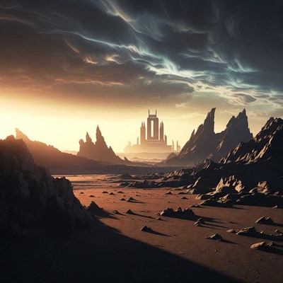 Futuristic Tower in Alien Desert Landscape