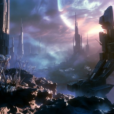 Futuristic Cyberpunk Cityscape at Sunset