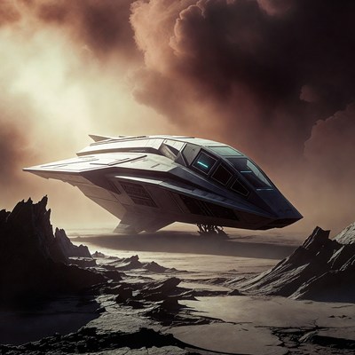 Futuristic Spaceship on Rocky Alien Planet
