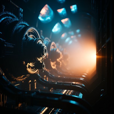 Glowing Gears in Steampunk Machinery Tunnel