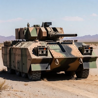Camouflaged Military Tank in Desert