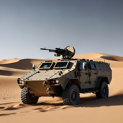 Military vehicle in desert dunes