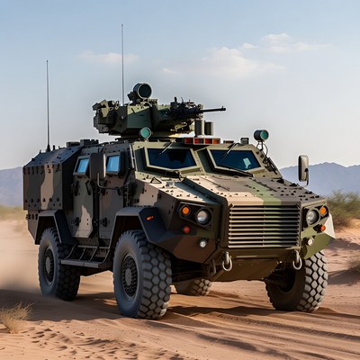 Military vehicle driving in desert