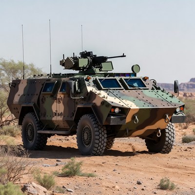 Camouflaged Military Vehicle in Desert