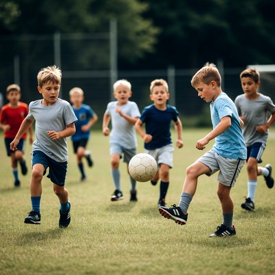 Boys playing soccer on grassy field