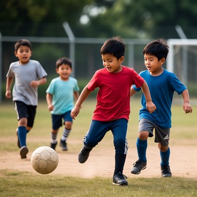 Asian boys playing soccer on field