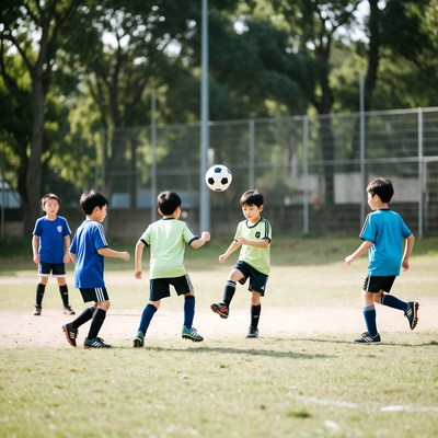 Asian boys playing soccer outdoors