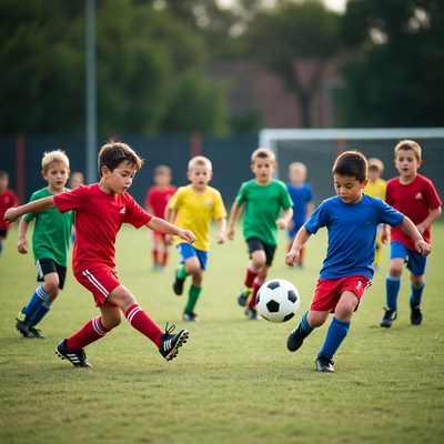 Boys playing soccer on field