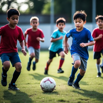 Asian boys playing soccer on field