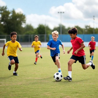 Boys playing soccer on field