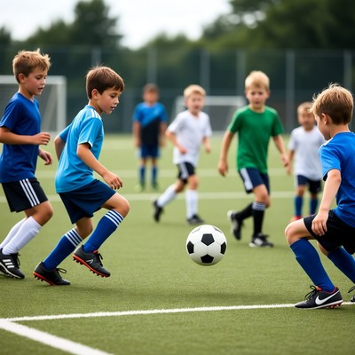 Boys playing soccer on field