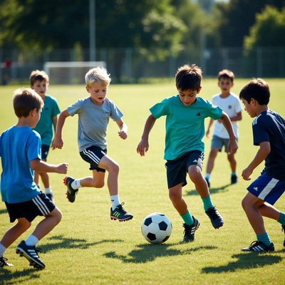Boys playing soccer on field