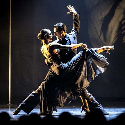 Tango dancers in passionate embrace