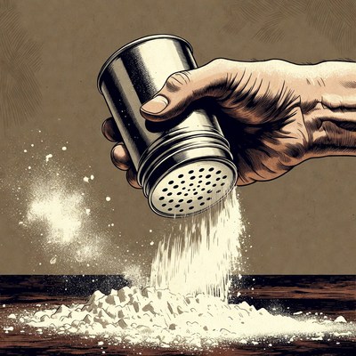 Hand shaking salt shaker over table