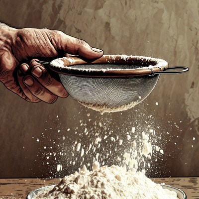 Hand sifting flour into bowl