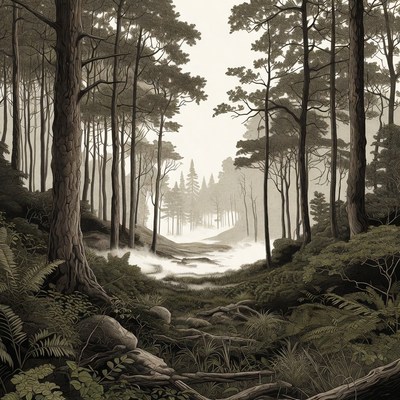 Misty Forest Path with Tall Trees