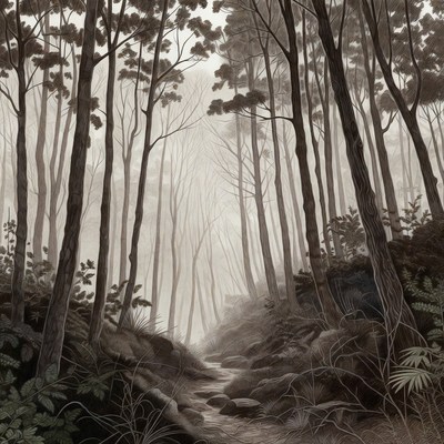 Foggy Forest Path with Tall Trees