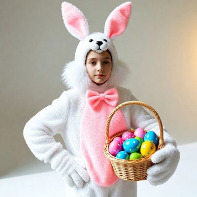 Girl in bunny costume holding Easter eggs