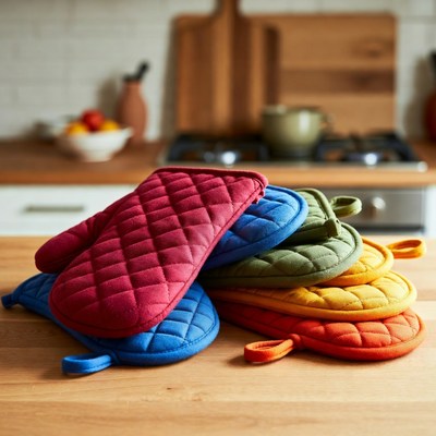 Colorful Oven Mitts on Kitchen Counter
