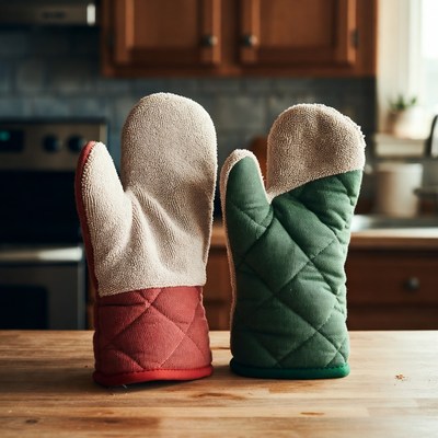 Red and Green Oven Mitts on Kitchen Counter