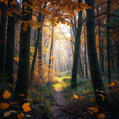 Autumn Forest Path with Golden Trees