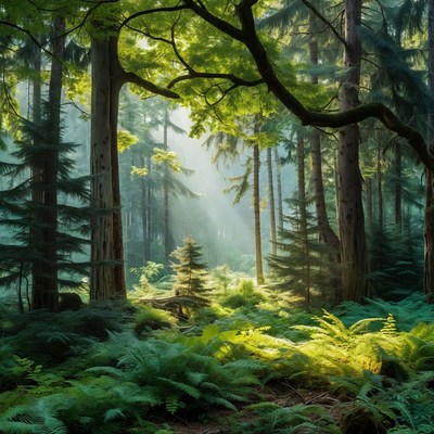 Sunlit Forest with Tall Trees and Ferns