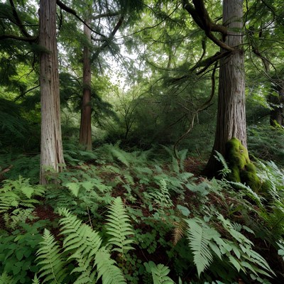 Lush Fern Forest with Tall Cedars