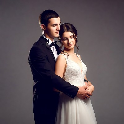 Groom embracing bride from behind
