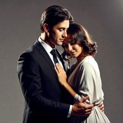 Man embracing woman in suit and dress