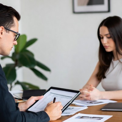 Man and woman reviewing documents at table