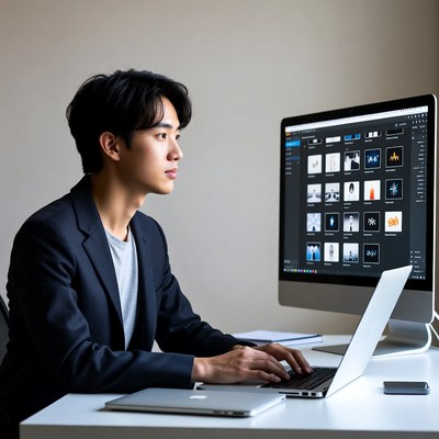 Asian man working on dual monitors