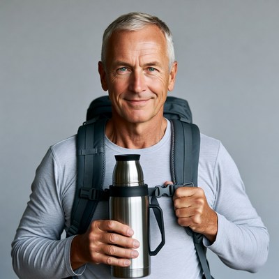 Senior man holding thermos with backpack