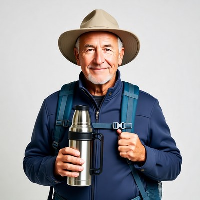 Senior man holding thermos with backpack