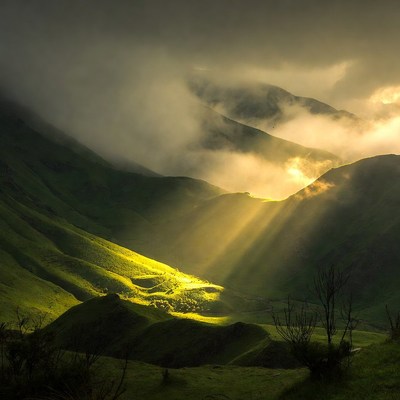 Sun rays over green misty mountains
