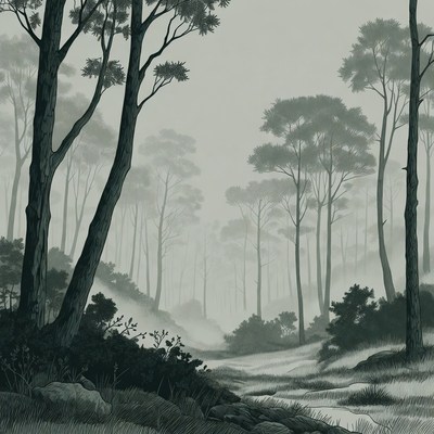 Misty Forest with Tall Trees