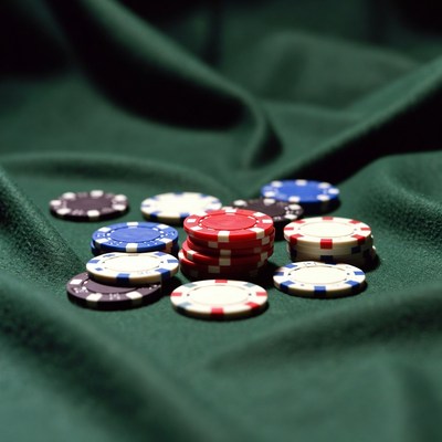 Colorful poker chips on green felt