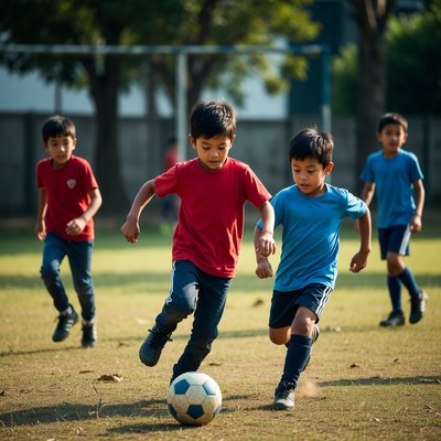 Asian boys playing soccer on grass