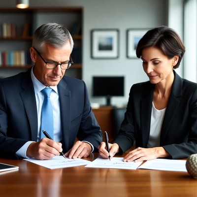 Businessman and woman signing contract