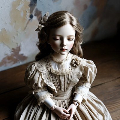 Blonde doll girl in vintage dress