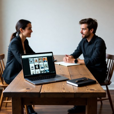 Man and woman discussing at laptop