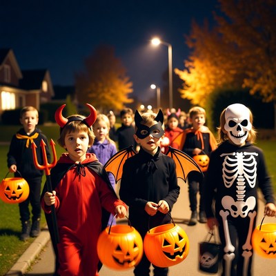 Children trick-or-treating in Halloween costumes