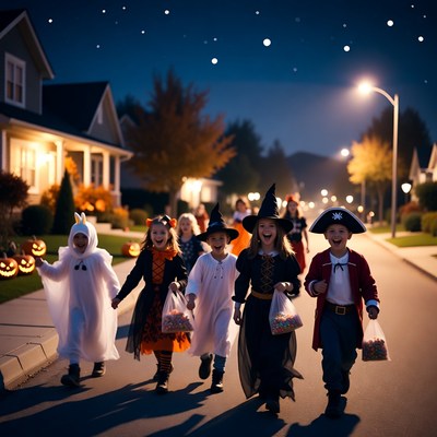 Children trick-or-treating on Halloween night