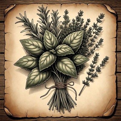 Bundle of Herbs on Parchment