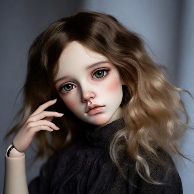 Brown-haired BJD doll close-up