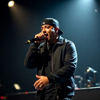 Man singing on stage with microphone