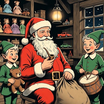 Santa Claus with Elves in Toy Workshop